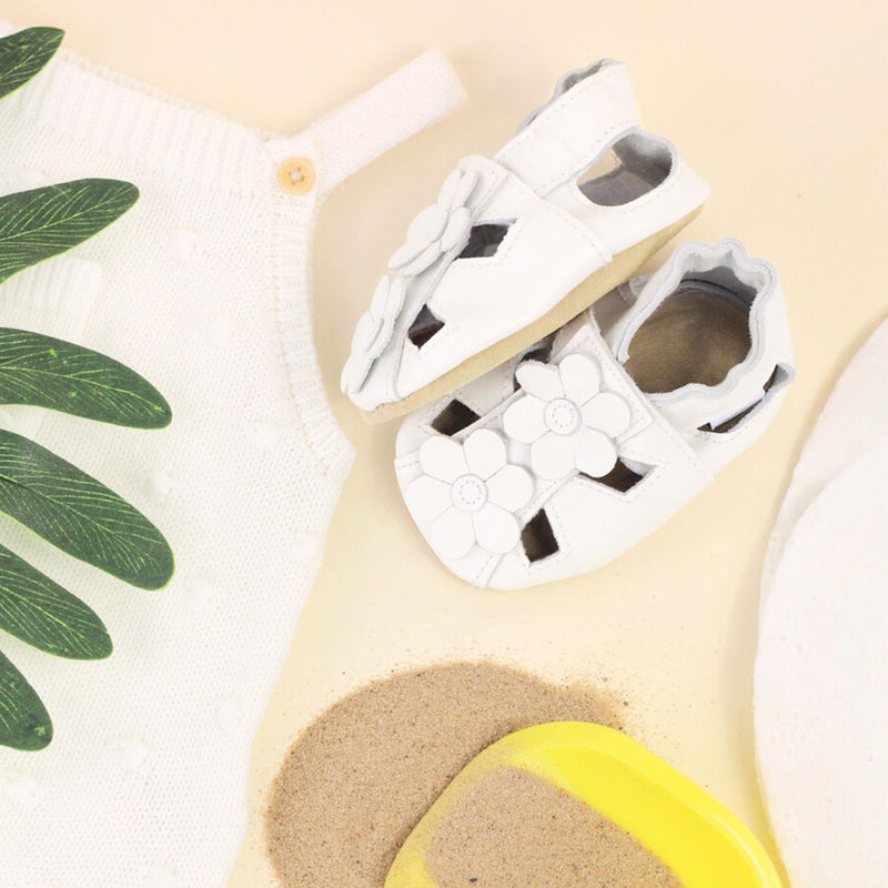 Dotty Fish Soft Leather Infant Toddler Sandals. White Flowers. 0-6 Months - Image 3